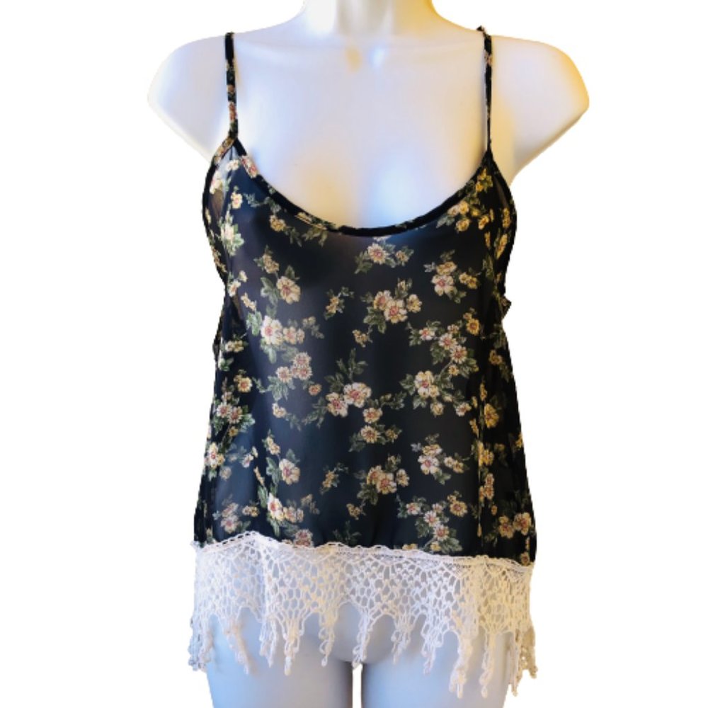 Audrey Camisole Tank Top Spaghetti Strap Floral Crochet SHEER